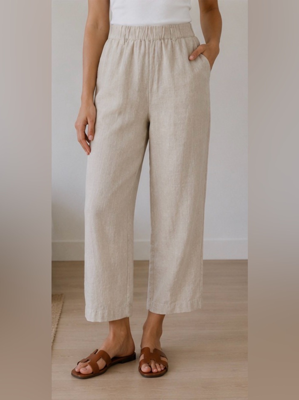 Quince 100% European Linen Pants Flax Beige Elastic Waist Crop XS NWT